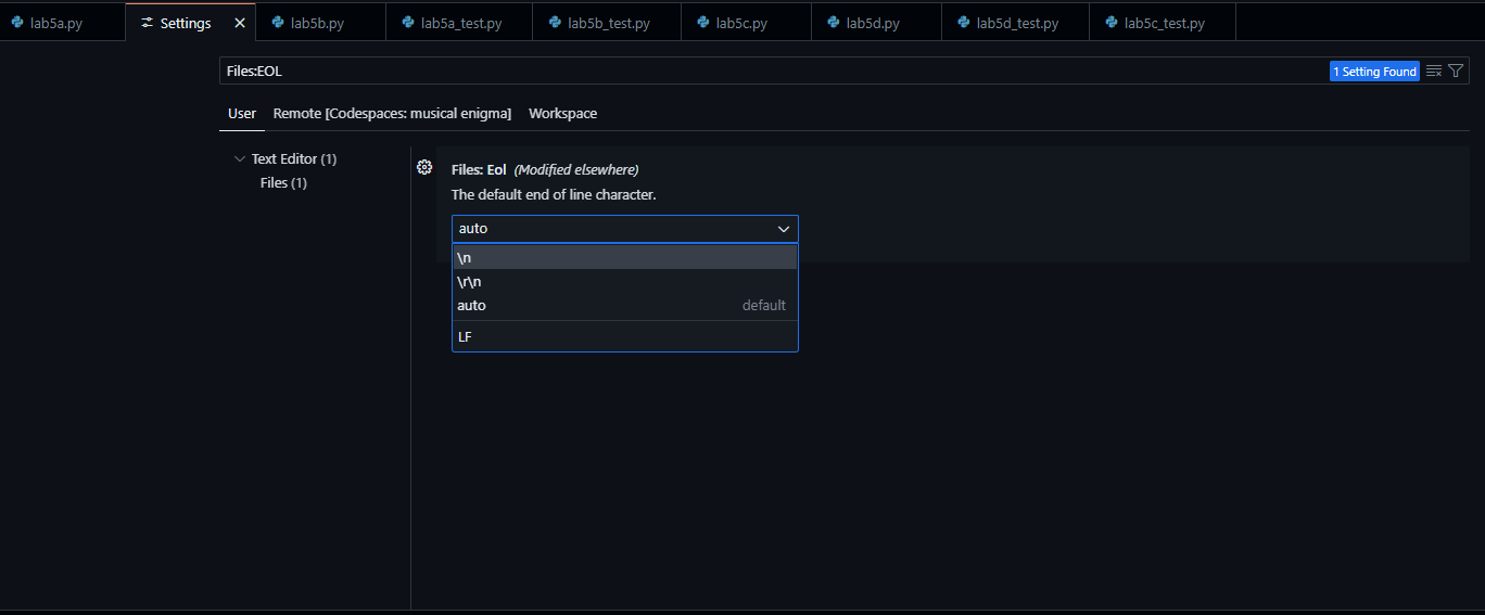 VS Code/Codespaces EOL settings
